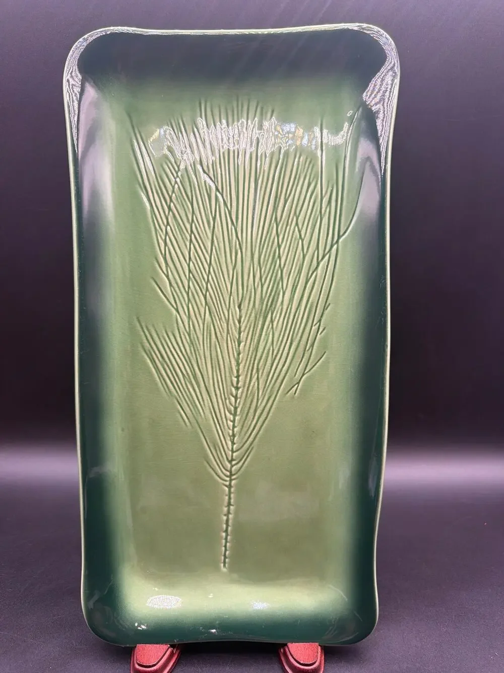 Vintage Kay Wayne Signed Green Ceramic Serving Platter Pine Needle Embossed Tray